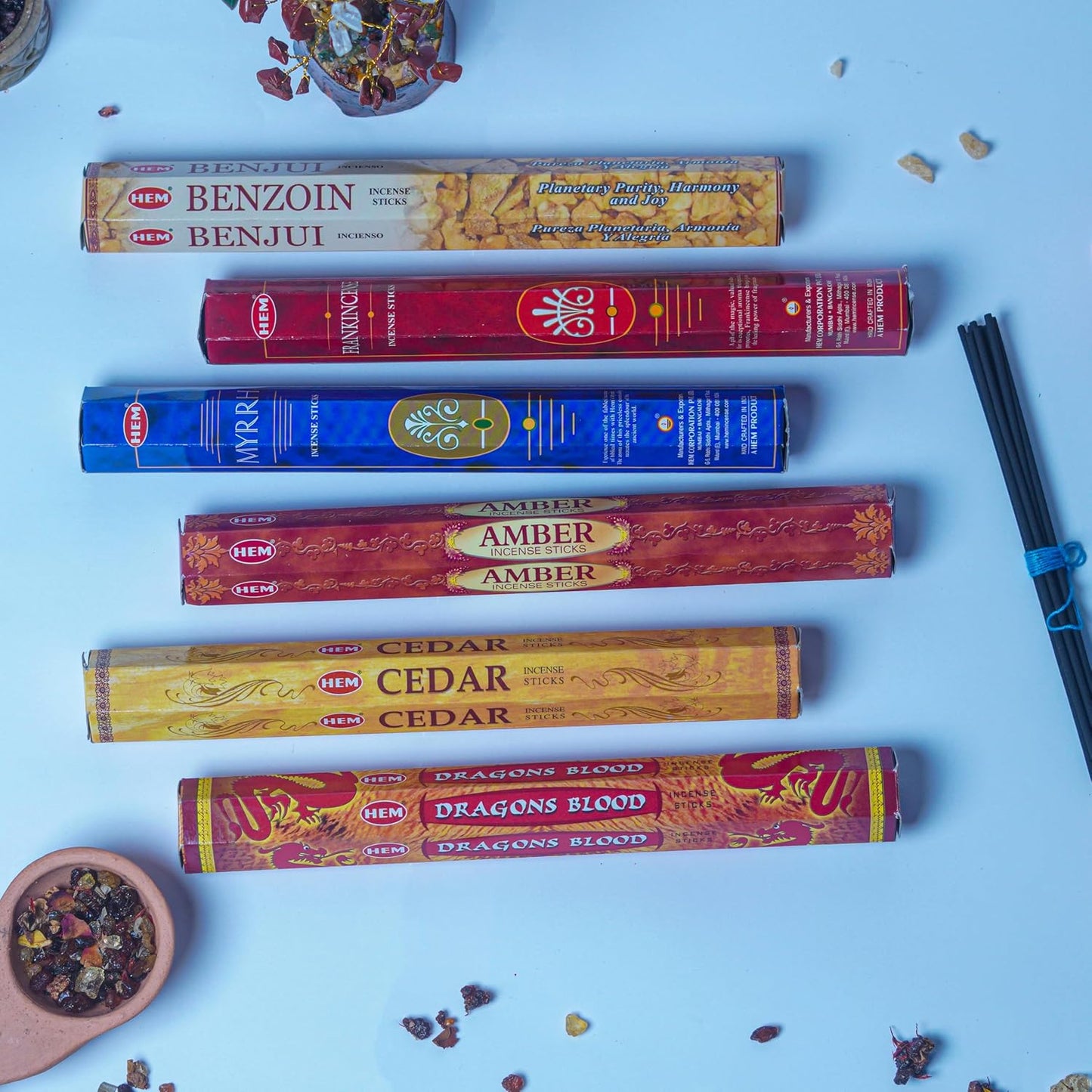 HEM Resin Series Premium Incense Sticks – Benzoin, Myrrh, Copal, Amber, Frankincense & Dragon Blood (Pack of 6, 120 Sticks) | Natural Resin Fragrance for Rituals, Cleansing & Meditation