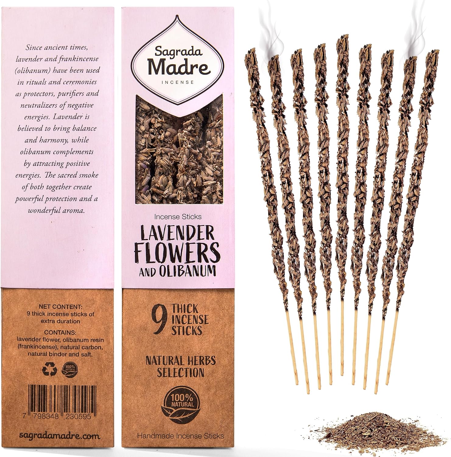Sagrada Madre 9 pcs Wildly Harvested - Lavender Flowers and Olibanum Incense Sticks, 7" Long - Thick Aromatic Incense Sticks, 100% Natural