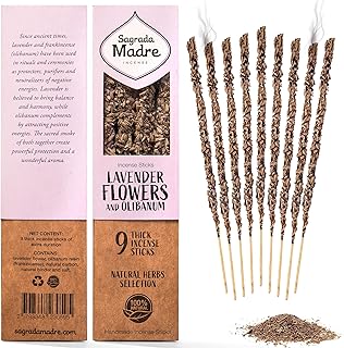 Sagrada Madre 9 pcs Wildly Harvested - Lavender Flowers and Olibanum Incense Sticks, 7" Long - Thick Aromatic Incense Sticks, 100% Natural