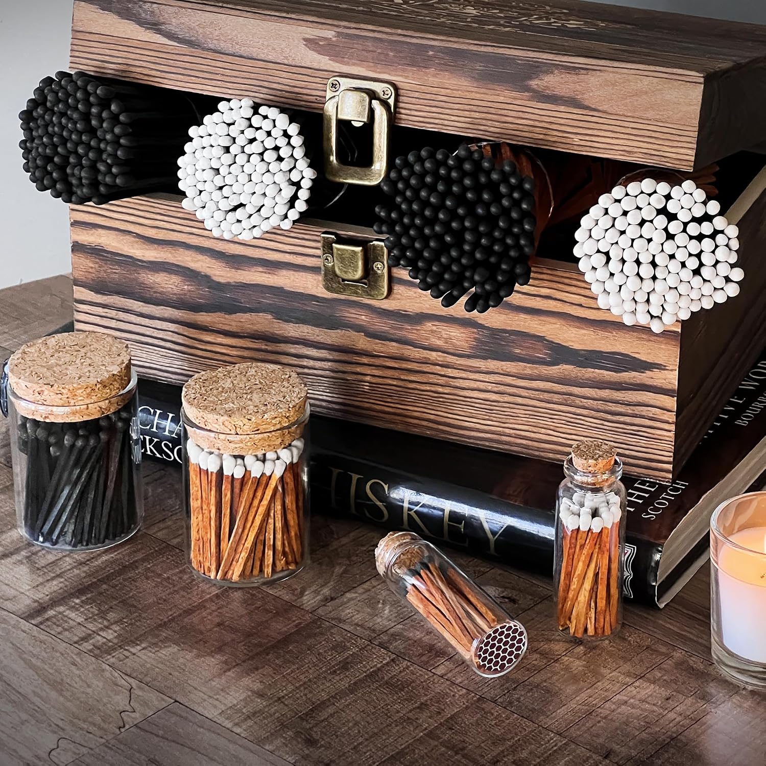 2" Tuxedo Matches with Mini 3 Cloche Jar + Striker Stickers Included | 100 Black Stick White Tip Decorative Matches with Small Holder | Gifts, Home Decor, & Candle Accessories by Thankful Greetings