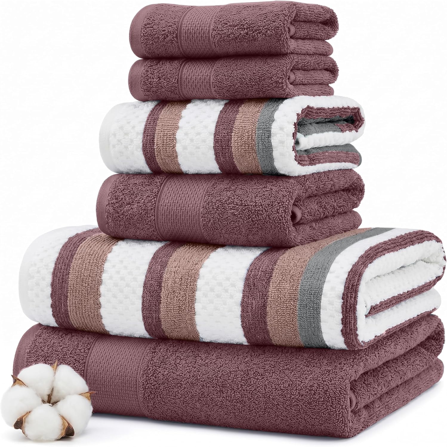 Modern Threads Pax 6-Piece Reversible Yarn Dyed Jacquard Towel Set - Bath Towels, Hand Towels, & Washcloths - Super Absorbent & Quick Dry - 100% Combed Cotton, Rosewood