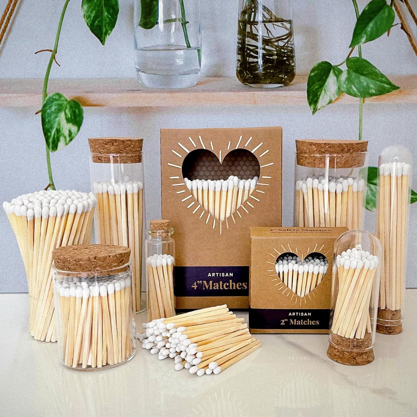 2" White Matches in a Jar + Striker Stickers Included | 100 Classy White Tip Decorative Safety Matches with a Cork Top Glass Holder | Gifts, Home Decor, & Candle Accessories by Thankful Greetings