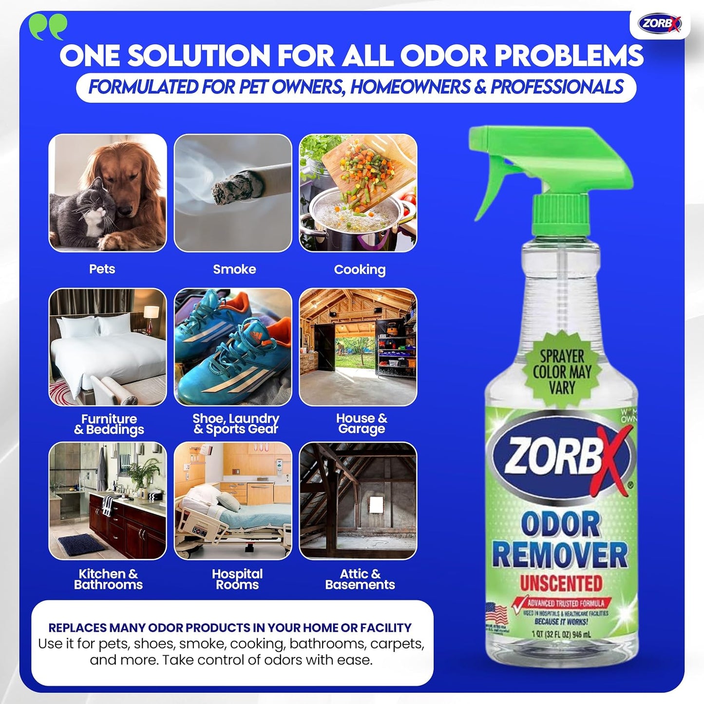 ZORBX Unscented Odor Remover Spray 32 oz - Perfect Solution for Strong Odor - Advanced Trusted Formula & Fast-Acting Odor Eliminator for Dog, Cat, Puppy
