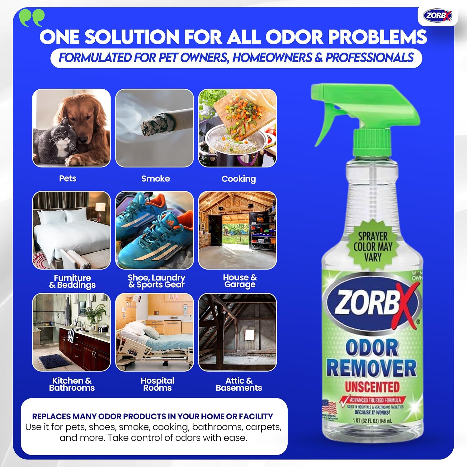 ZORBX Unscented Odor Remover Spray 32 oz - Perfect Solution for Strong Odor - Advanced Trusted Formula & Fast-Acting Odor Eliminator for Dog, Cat, Puppy