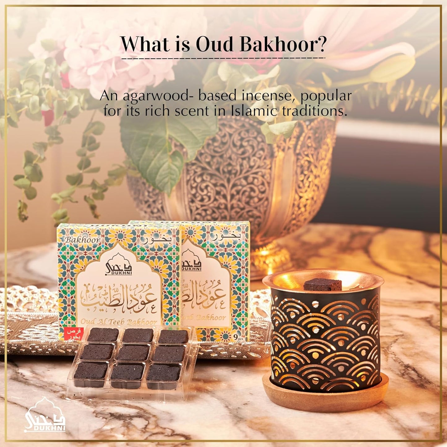 Oud Al Teeb Bakhoor Set by Dukhni | 2 x 9 Piece Each & Rainbow Bakhoor Burner | Arabic Bakhoor Incense | Sweet Fruity Oud Blend | Perfect for Prayer Time | to Relax & Meditate