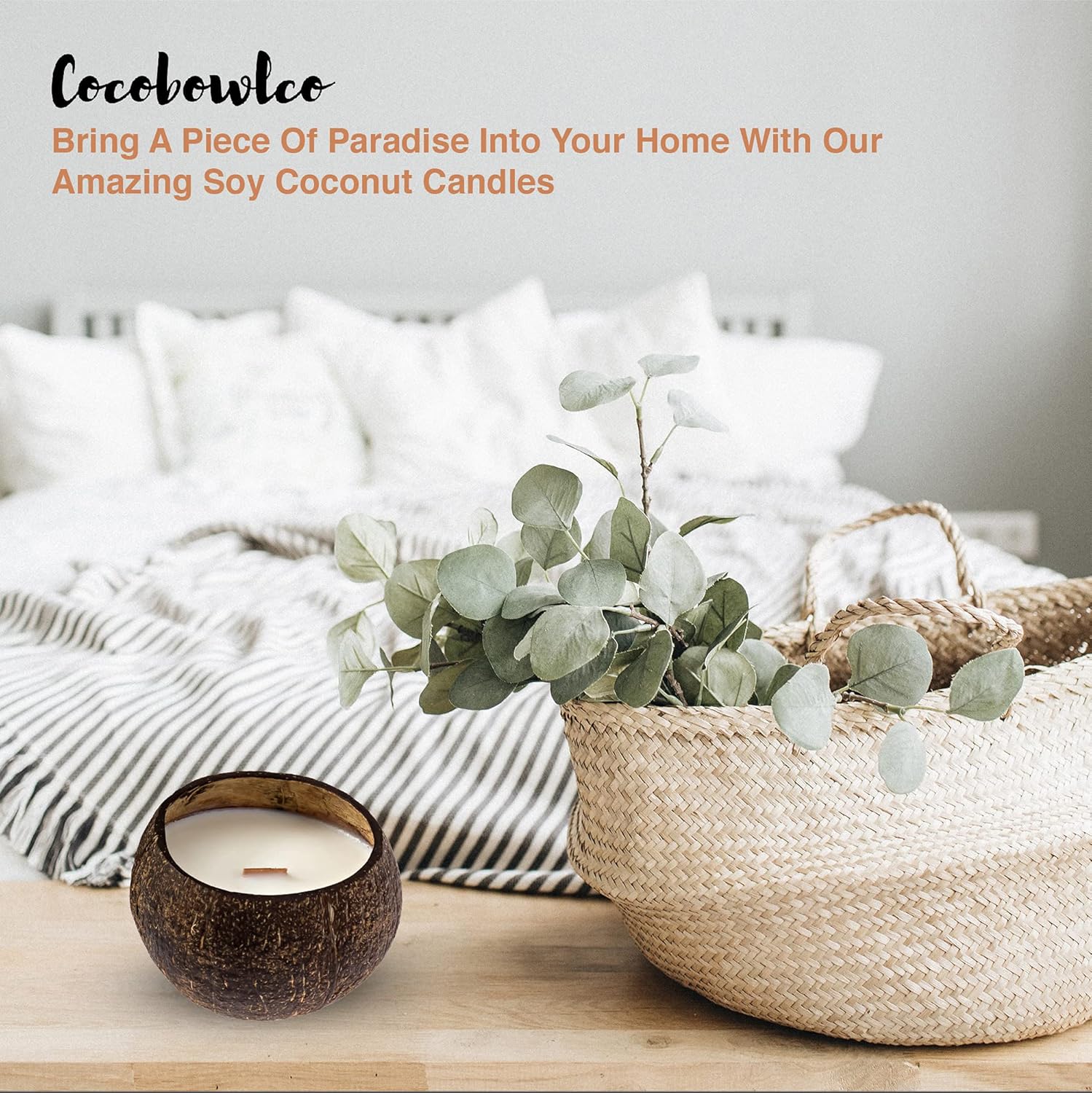 Soy Coconut Candle - Vanilla Scent, Wood Wick, Real Coconut Shell, Eco-Friendly, 45+ Hours Burn Time