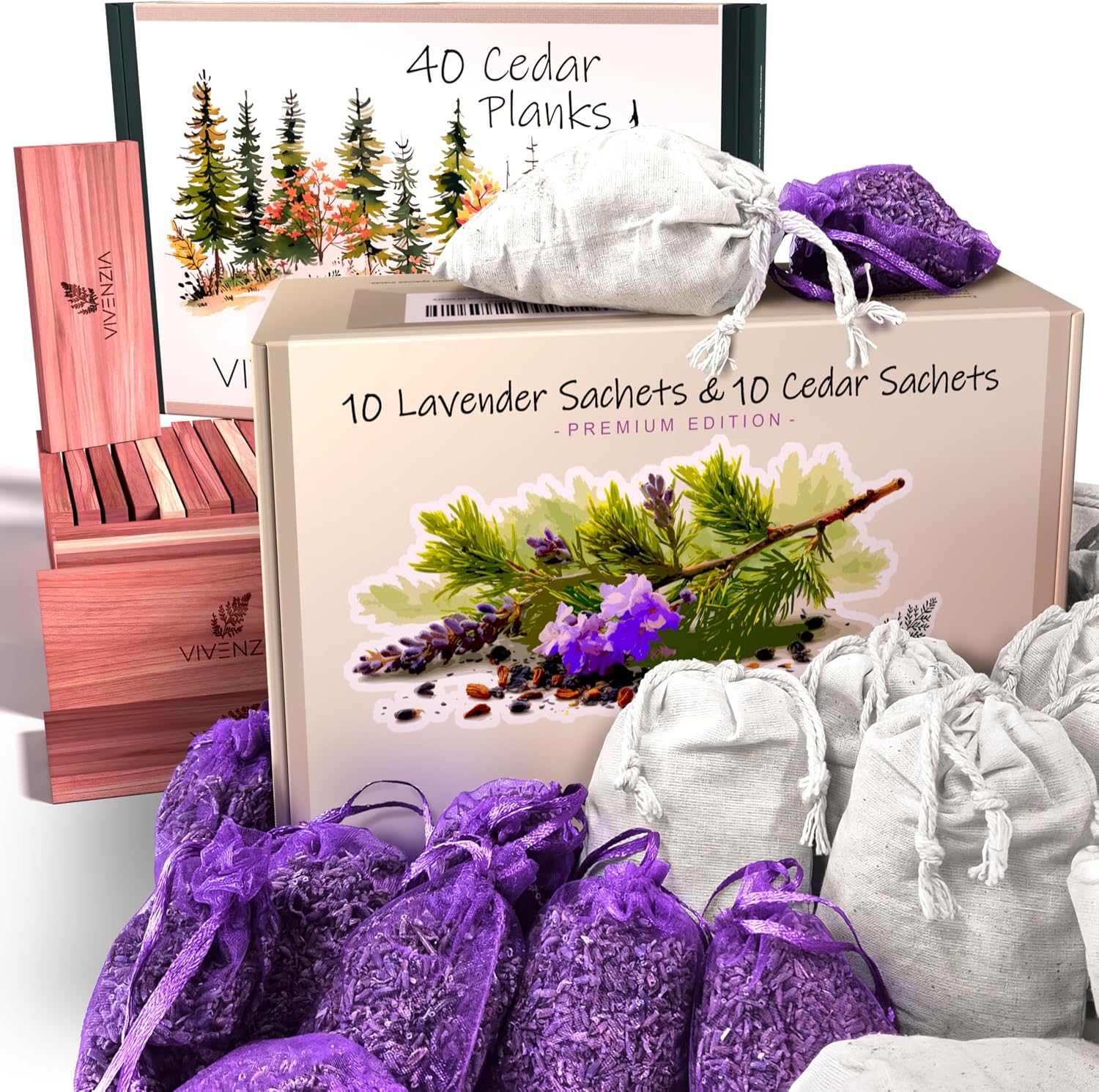 Lavender & Cedar Bundle – 20 Sachets (10 Lavender & 10 Cedar) and 40 Planks for Closet and Drawer Freshness.