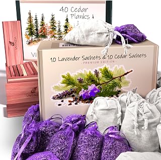 Lavender & Cedar Bundle – 20 Sachets (10 Lavender & 10 Cedar) and 40 Planks for Closet and Drawer Freshness.
