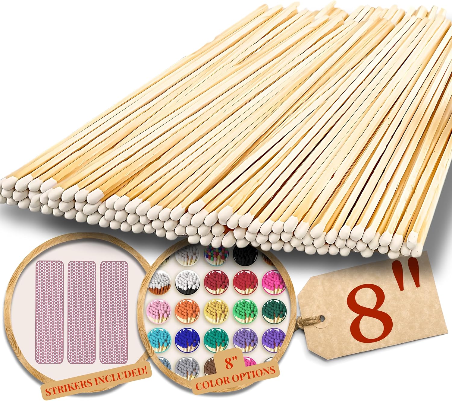 100 Count | 8" White Tip Matches | Strikers Included | Color Tip Wooden Match | Extra Long Fireplace Match 8 inches