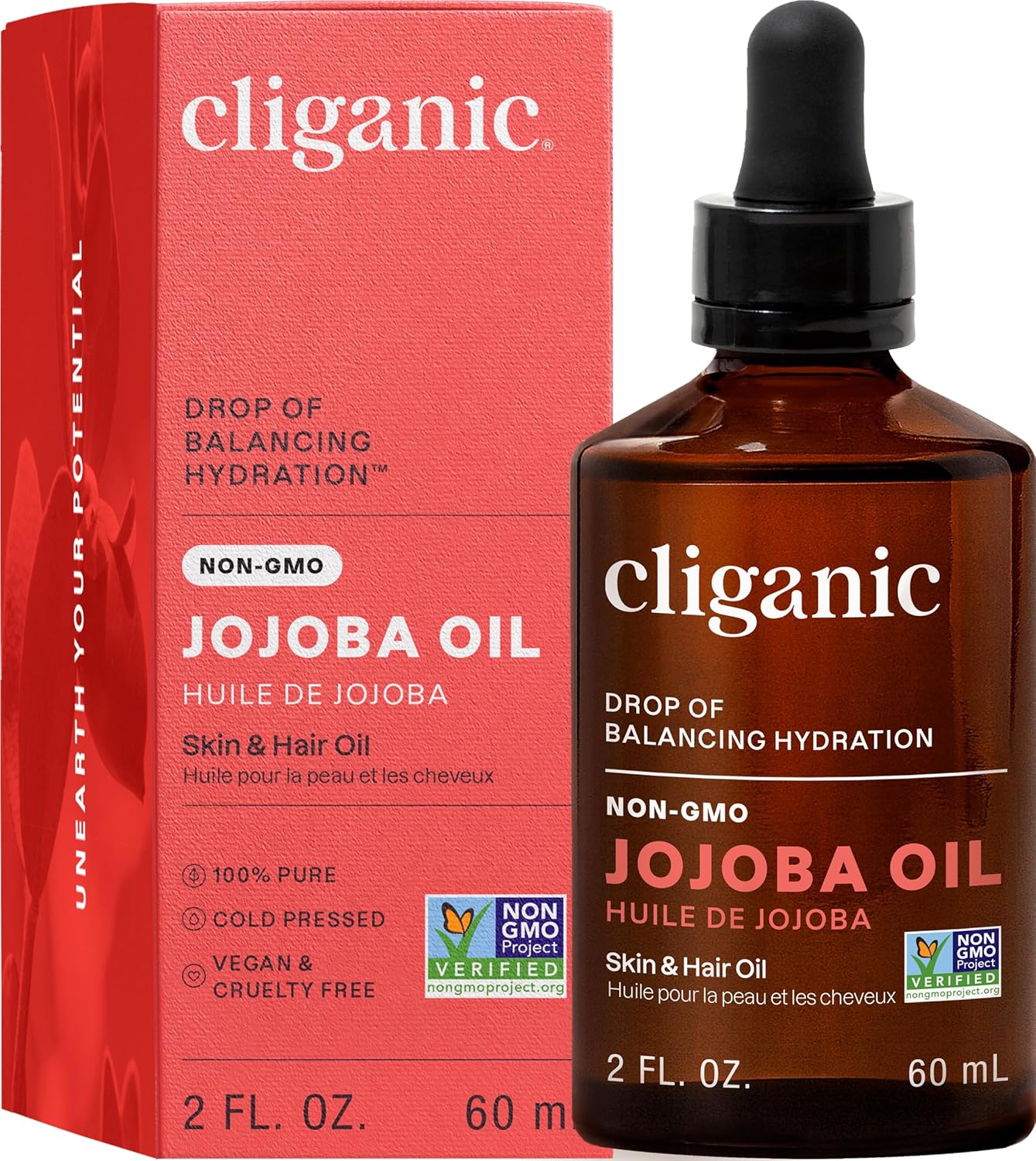 Cliganic Organic Jojoba Oil, 100% Pure (60ml) | Natural Cold Pressed Unrefined Hexane Free Oil for Hair & Face | Base Carrier