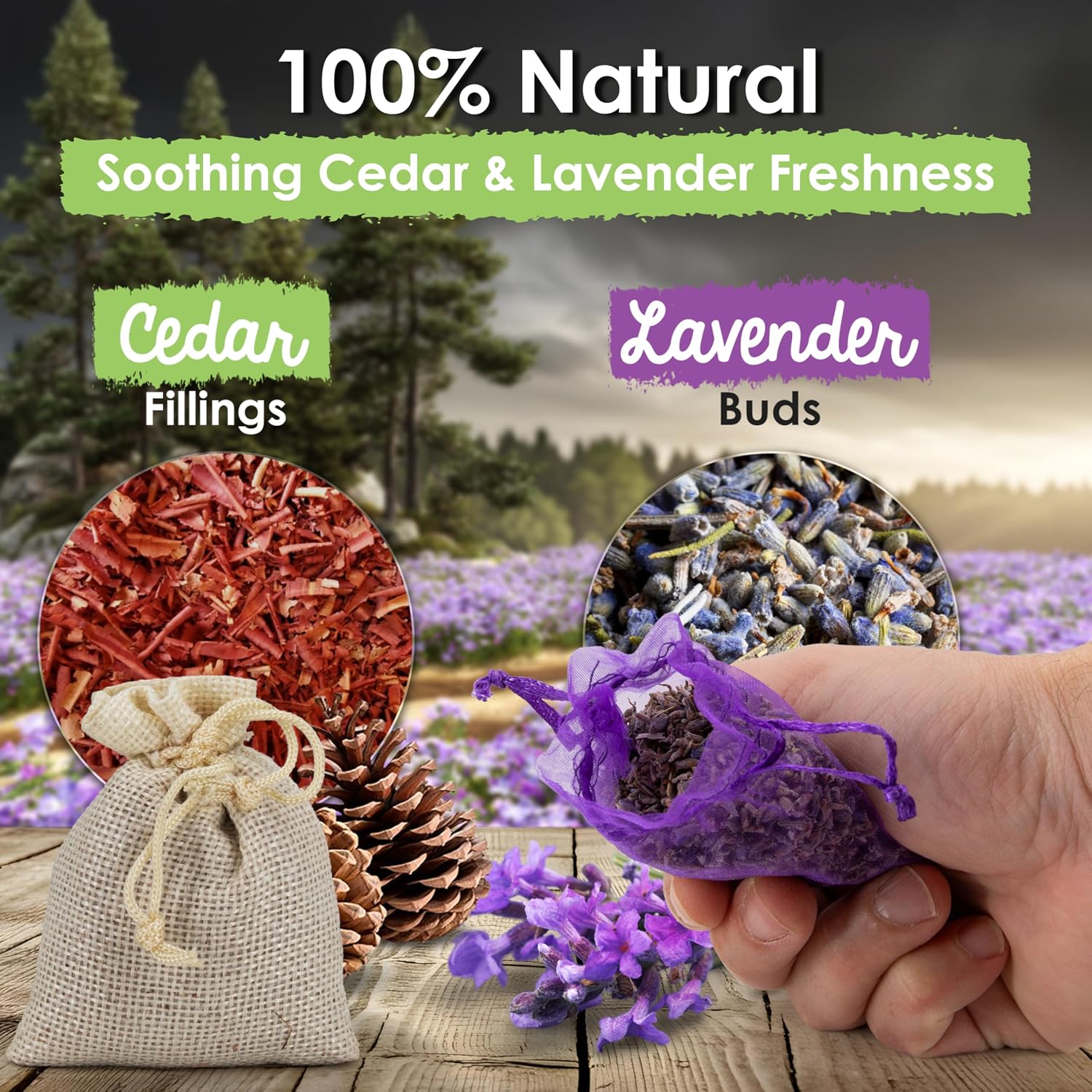 EcoKiwi Cedar & Lavender Sachets – 20 Sachets for Home Fragrence and Fresh Scents, Cedar & Lavender Sachet for Drawers and Closest, Dual-Purpose Sachet to Stop Clothes Damage and Closest Freshness