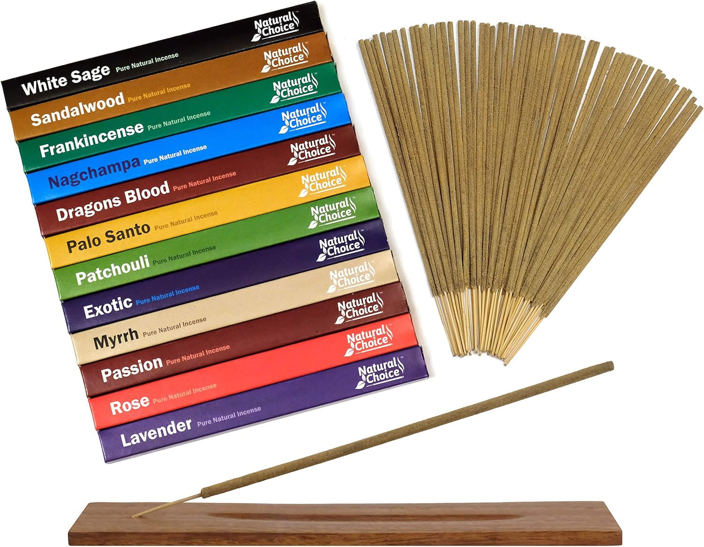 Gift Pack with a Wooden Burner (12 Fragrances) Dragons Blood, White Sage, Palo Santo, Sandalwood, Frankincense, Lavender, Nagchampa, Patchoul, Rose, Passion & Exotic