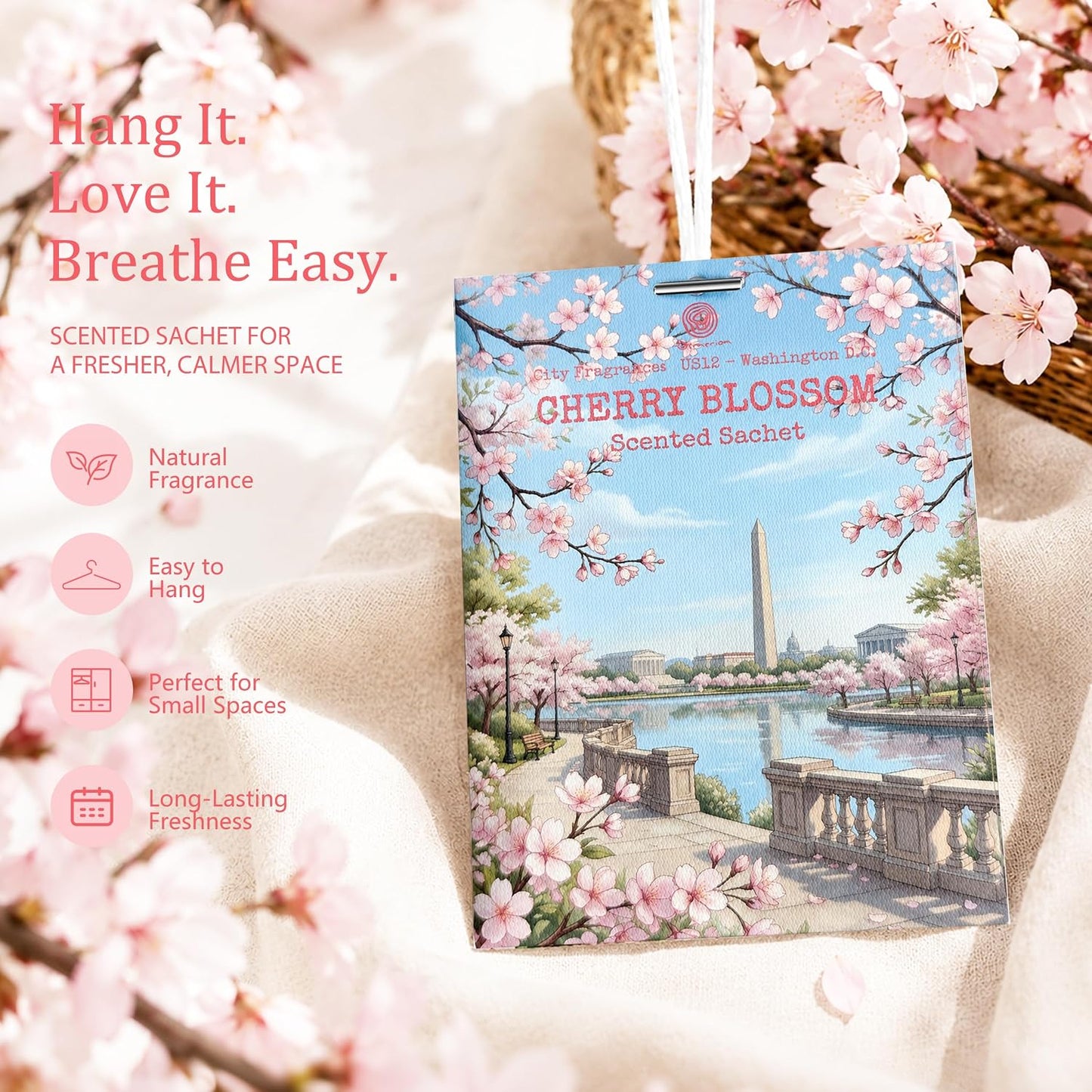 US12-Washington D.C. Cherry Blossom Sachets for Drawers & Closets, 12 Pack | Car Air Freshener sachets with D.C. Cherry Blossom scent. Freshens closets, drawers, cars and small spaces.