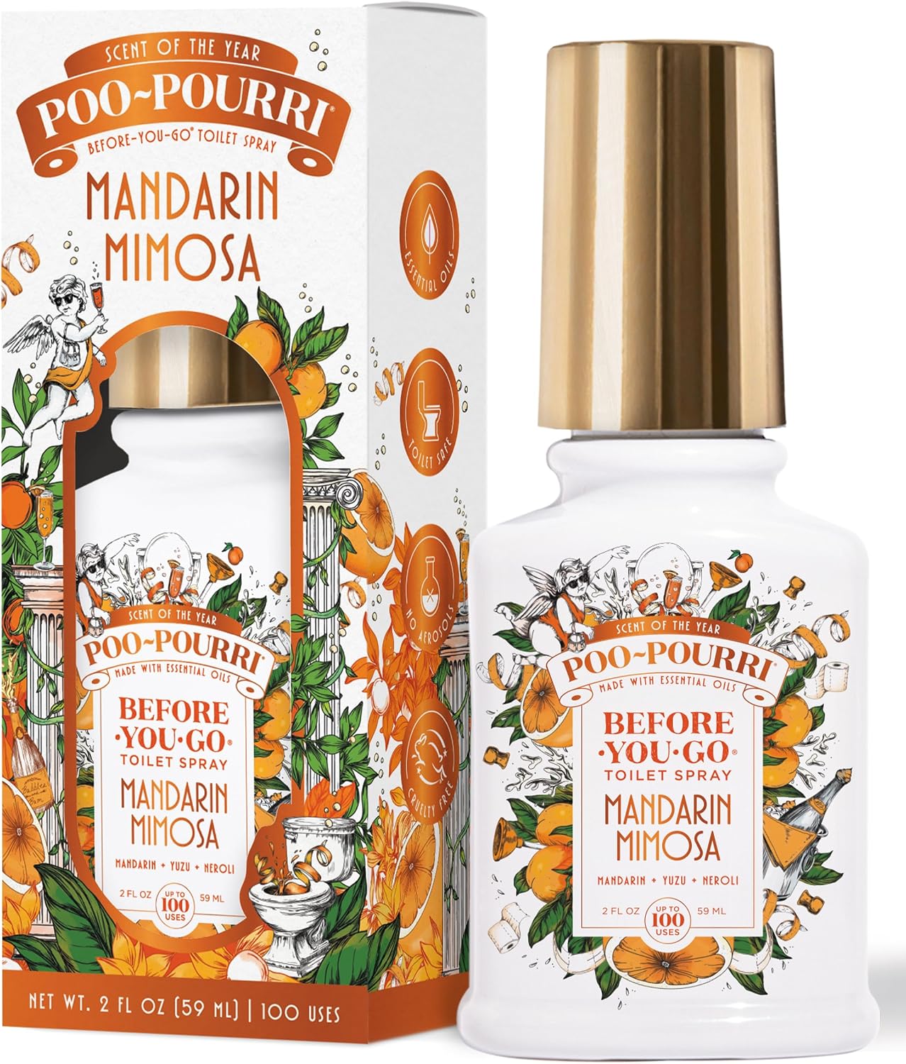 Poo-Pourri Before-You-Go Toilet Spray, Mandarin Mimosa, 2 Fl Oz, Up to 100 Uses, Bathroom Odor Deodorizer with Essential Oils for Home or Work, Travel Essentials, TSA Approved Size