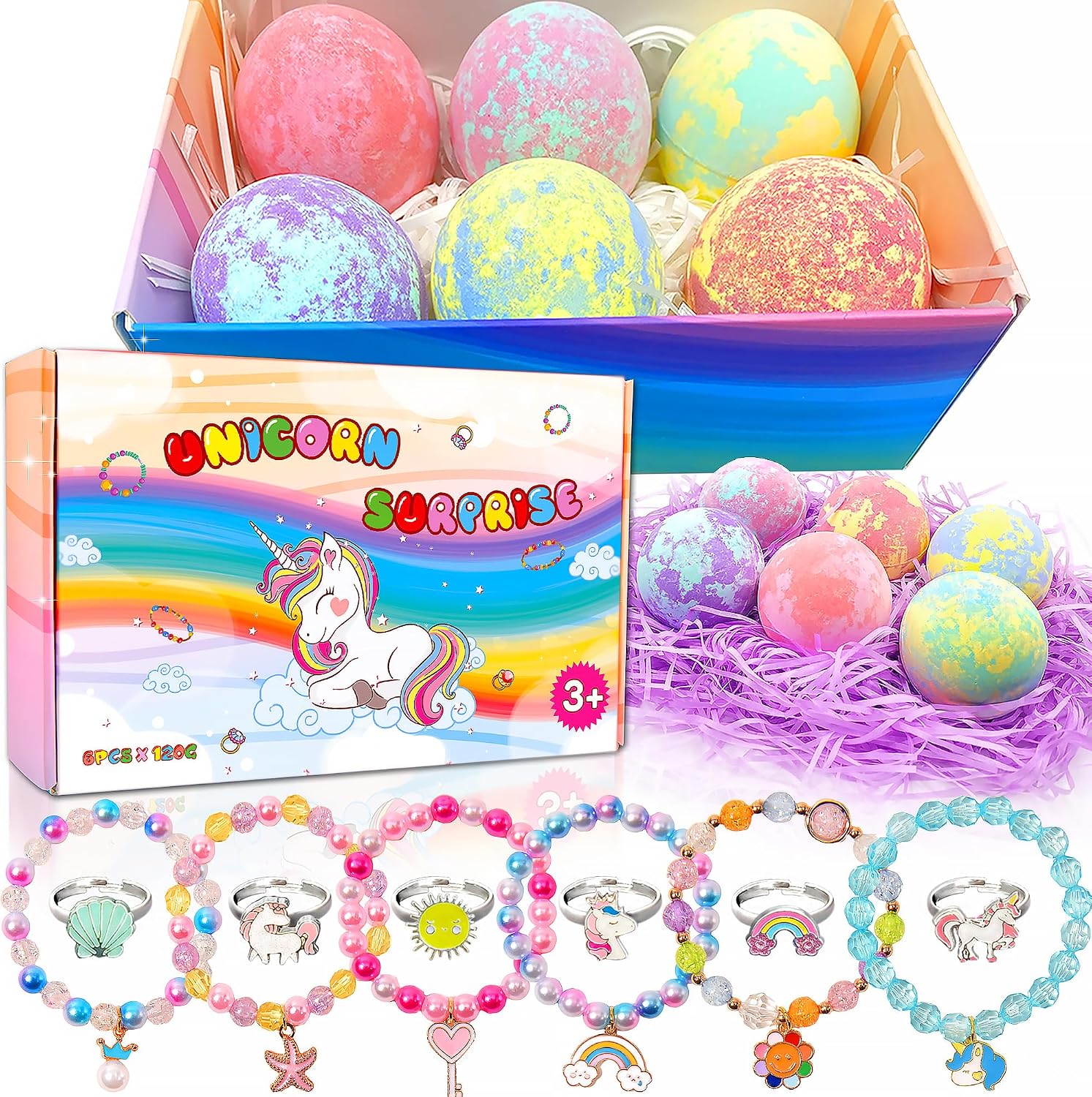 Unicorn Bath Bombs for Kids with Surprise Inside 3 4 5 6 7 8+ Year Old Girl Birthday Gifts for Kids Girls, Kids Bath Bombs with Toys Inside Birthday Gifts Unicorn Gifts for Kids Girls