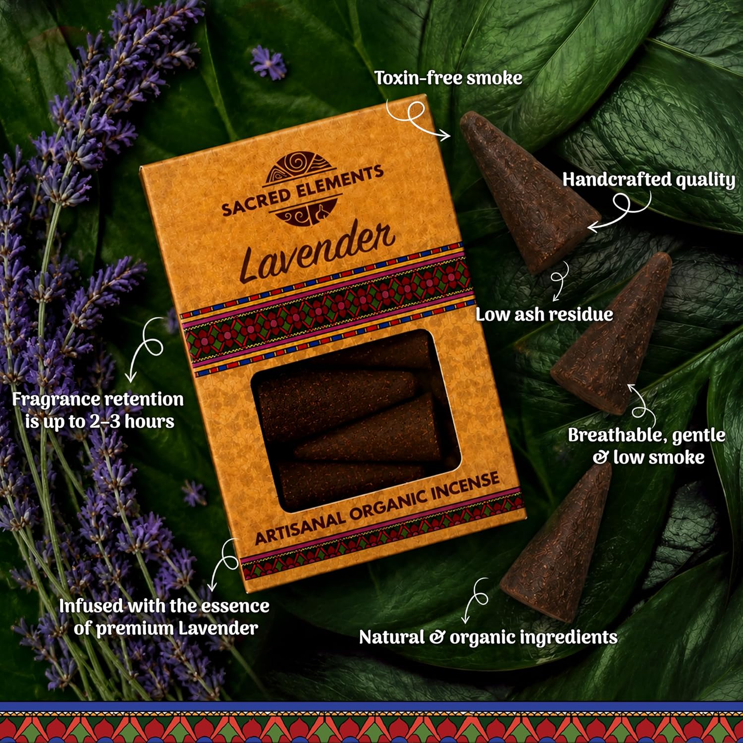 Sacred Elements Organic Incense Cones – Lavender Scent (Pack of 4) | Natural Aromatherapy for Relaxation & Sleep | Handcrafted, Low Smoke, Long-Lasting Fragrance for Bedroom & Home