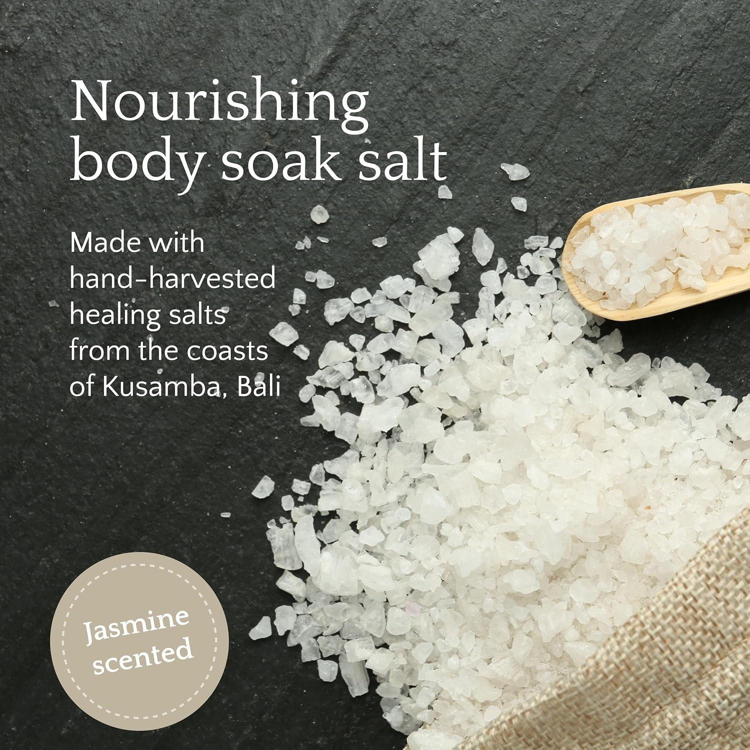 Seafoam Jasmine Bath Soak Salt 481g, Mineral-Rich Relaxing Salt Blend with Jasmine Aroma & Kusamba Seawater for Skin Soothing & Stress Relief, Kusamba by QUR