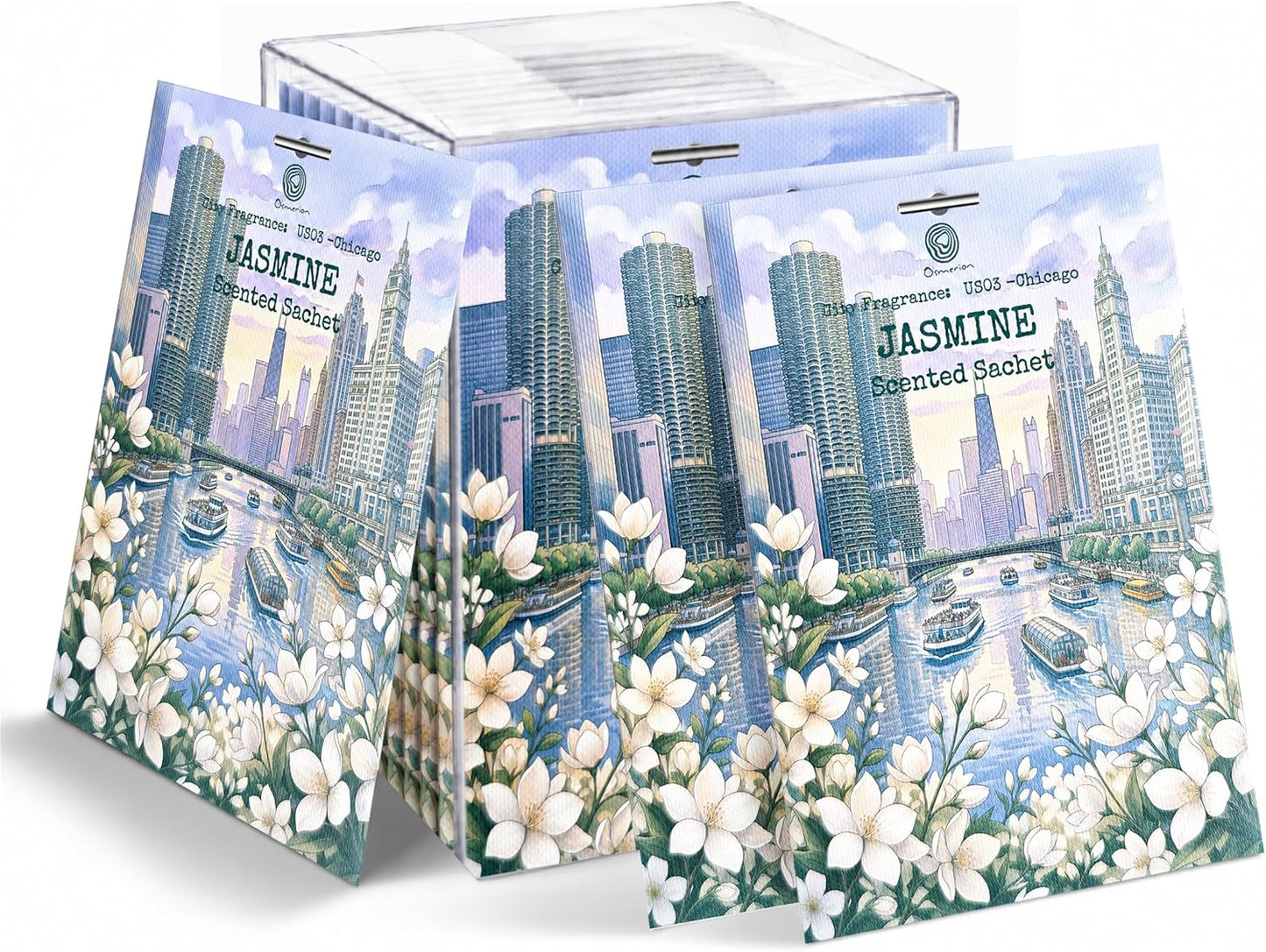US03-Chicago Jasmine Scented Sachets for Drawers, Closets & Cars, 12 Pack | Car Air Freshener sachets with Chicago Jasmine scent. Freshens closets, drawers, cars and small spaces.