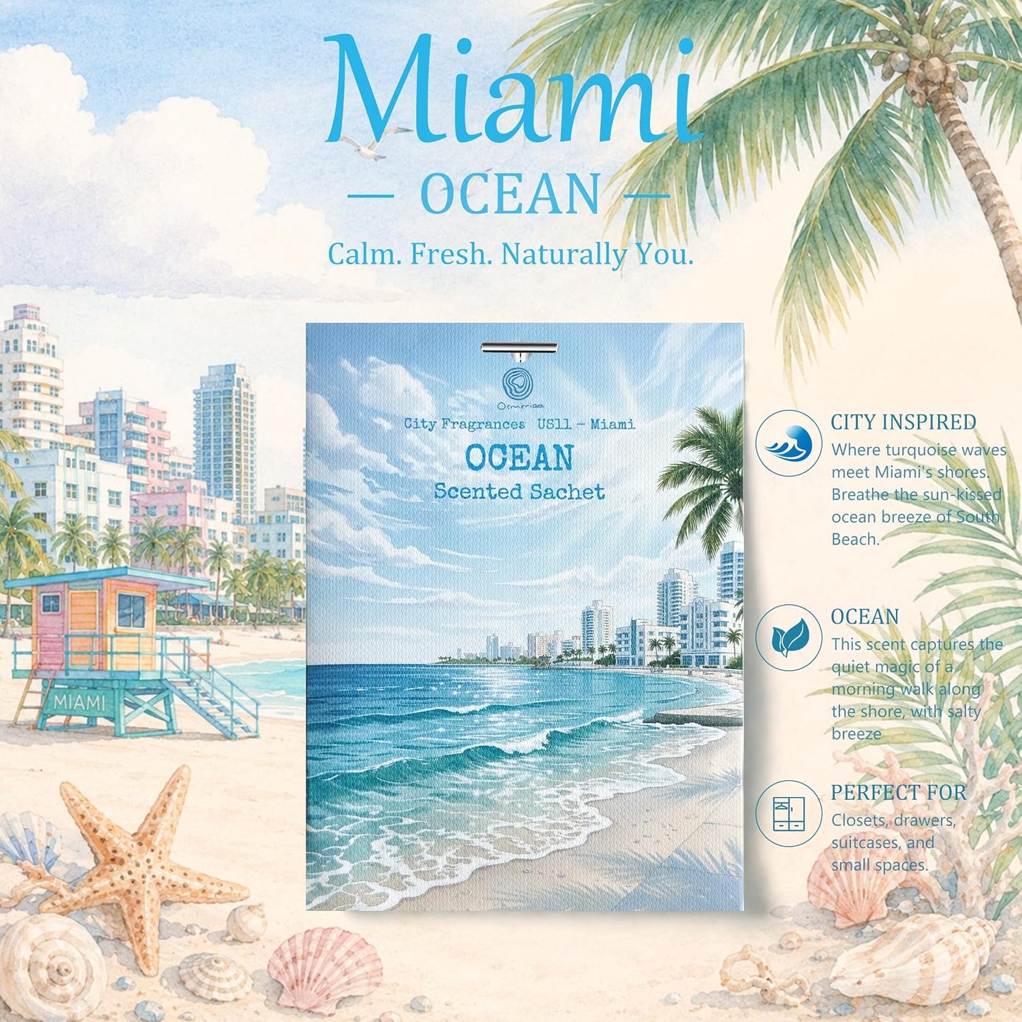 US11-Miami Ocean Scented Sachets for Drawers and Closets, Car Air Freshener Bags, Ocean Closet Freshener and Odor Eliminator for Wardrobe, Dresser, Car and Small Spaces 12 Pack