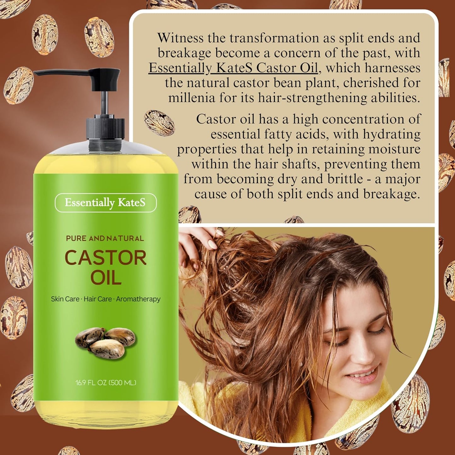 Essentially KateS Castor Oil 16.9 Fl Oz - 100% Pure and Natural, Cold Pressed, and Hexane-Free - Hair Care, Skin Care and Body Care