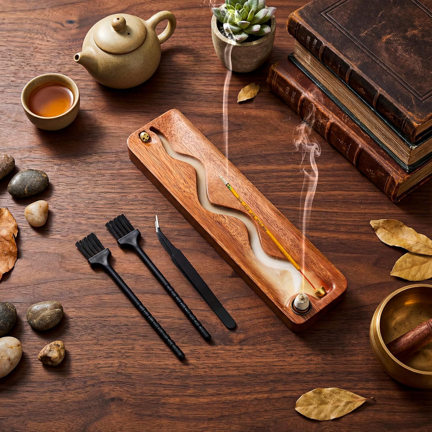 2 in 1 Wooden Incense Holder Sticks with Backflow Incense Cone Burner,Multi-Hole Fits All Thicknesses Sticks,for Meditation Yoga Home Gift
