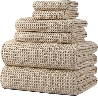 POLYTE 430 GSM Microfiber Quick Dry Lint Free Oversize Bath Towel Set, 6 Piece (Waffle Weave)