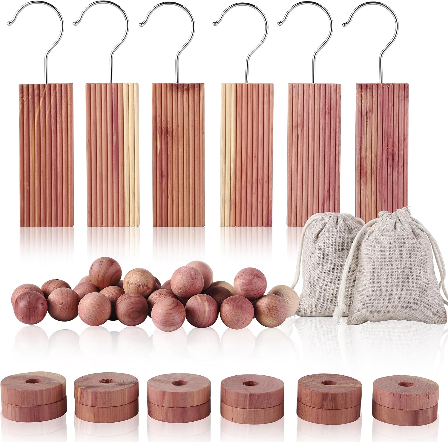 Cedar Blocks for Clothes Storage 50PCs, Hangers 6pc, Balls 30pc, Rings 12pc and Sachet Bags 2pc for Closets and Drawers