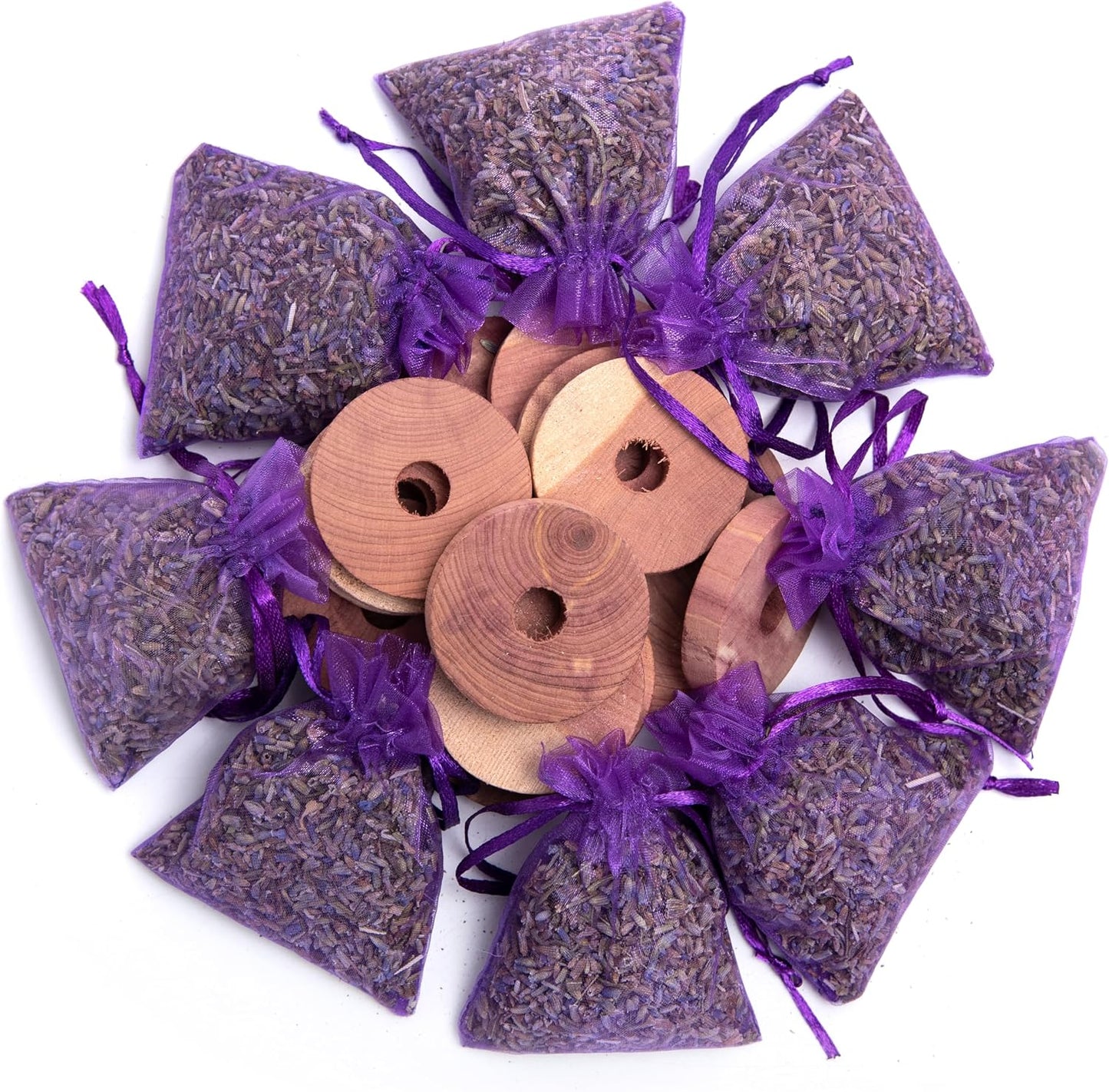 Lavande Sur Terre Pack of 16 Cedar Blocks and 8 Lavender Flower Sachets Craft Bag, Drawer Freshener, Linen, Shower Favor, Wedding and More, LV-E-LC-1