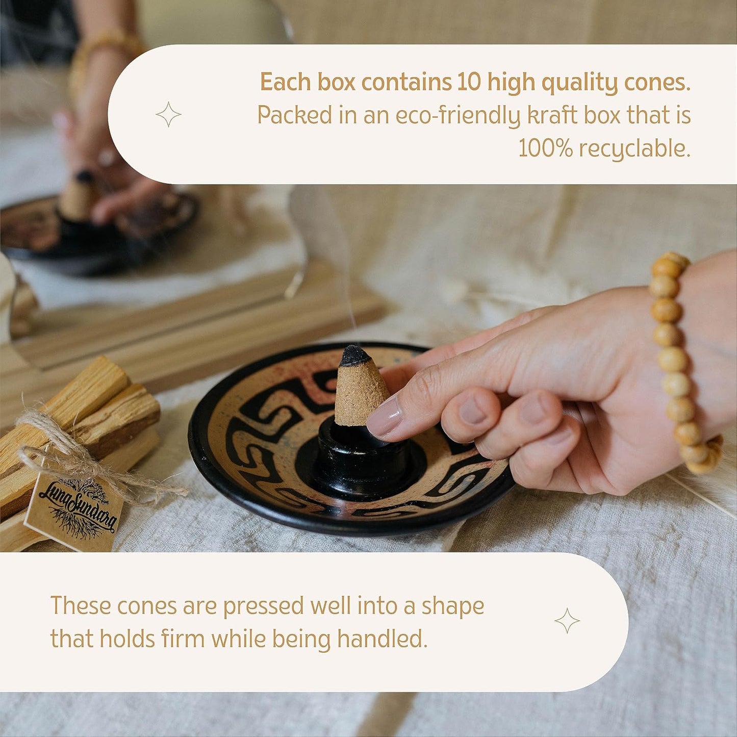 Luna Sundara Handmade Palo Santo Incense Cones (10 Cones Per Box) Sustainably Harvested Palo Santo from Peru
