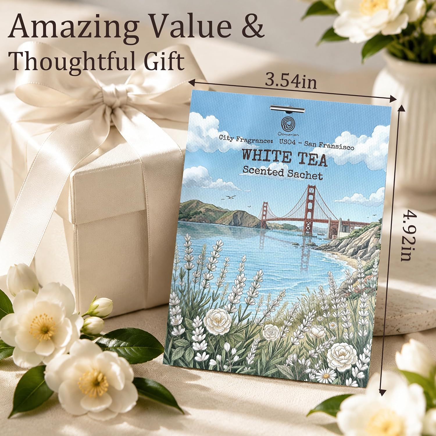 US04-San Francisco White Tea Sachets for Drawers, Closets & Cars, 12 Pack | Car Air Freshener sachets with San Francisco White Tea scent. Freshens closets, drawers, cars and small spaces.