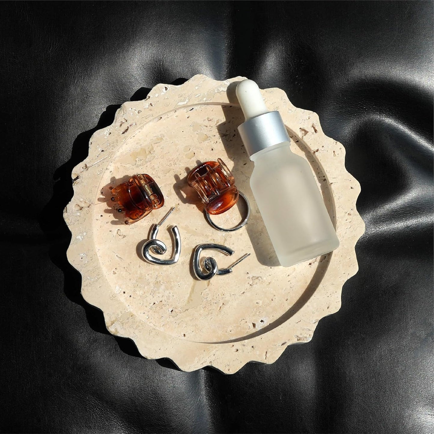 5.5 Inch Small Scallop Edge Tray, Hand-Carved Natural Stone Jewelry Holder, Travertine & Marble Vanity Tray for Rings, Candles, or Keys (Travertine)