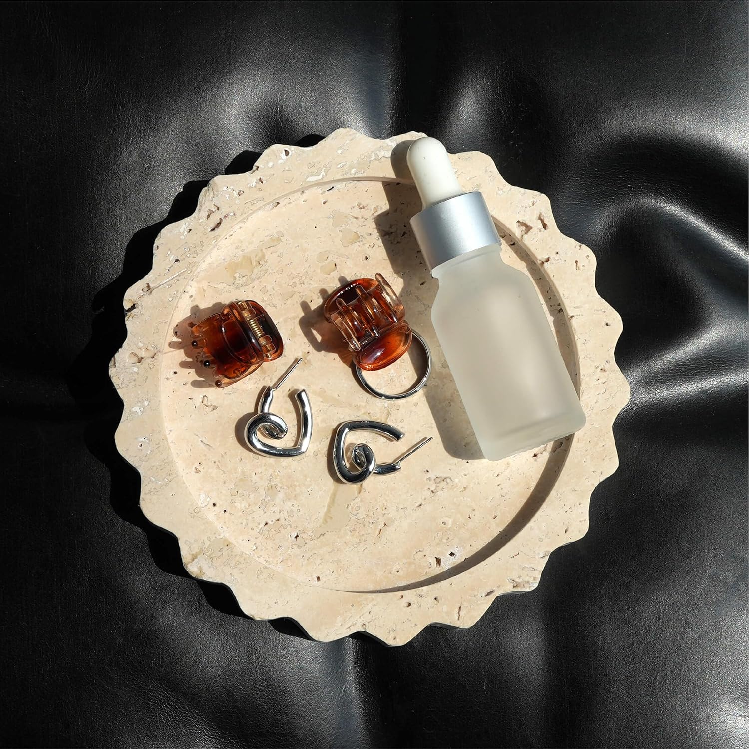 5.5 Inch Small Scallop Edge Tray, Hand-Carved Natural Stone Jewelry Holder, Travertine & Marble Vanity Tray for Rings, Candles, or Keys (Travertine)