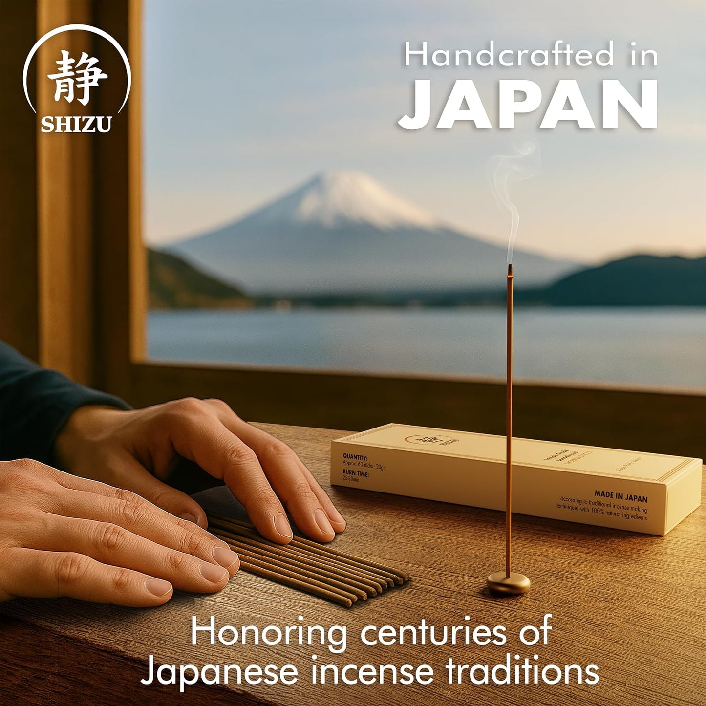 Shizu Sandalwood Incense Sticks – Artisanal Temple Grade Japanese Incense with Brass Holder – Subtle, Calming Scent for Relaxation, Meditation & Home Spa, Elegant Gift Set (60 Sticks)