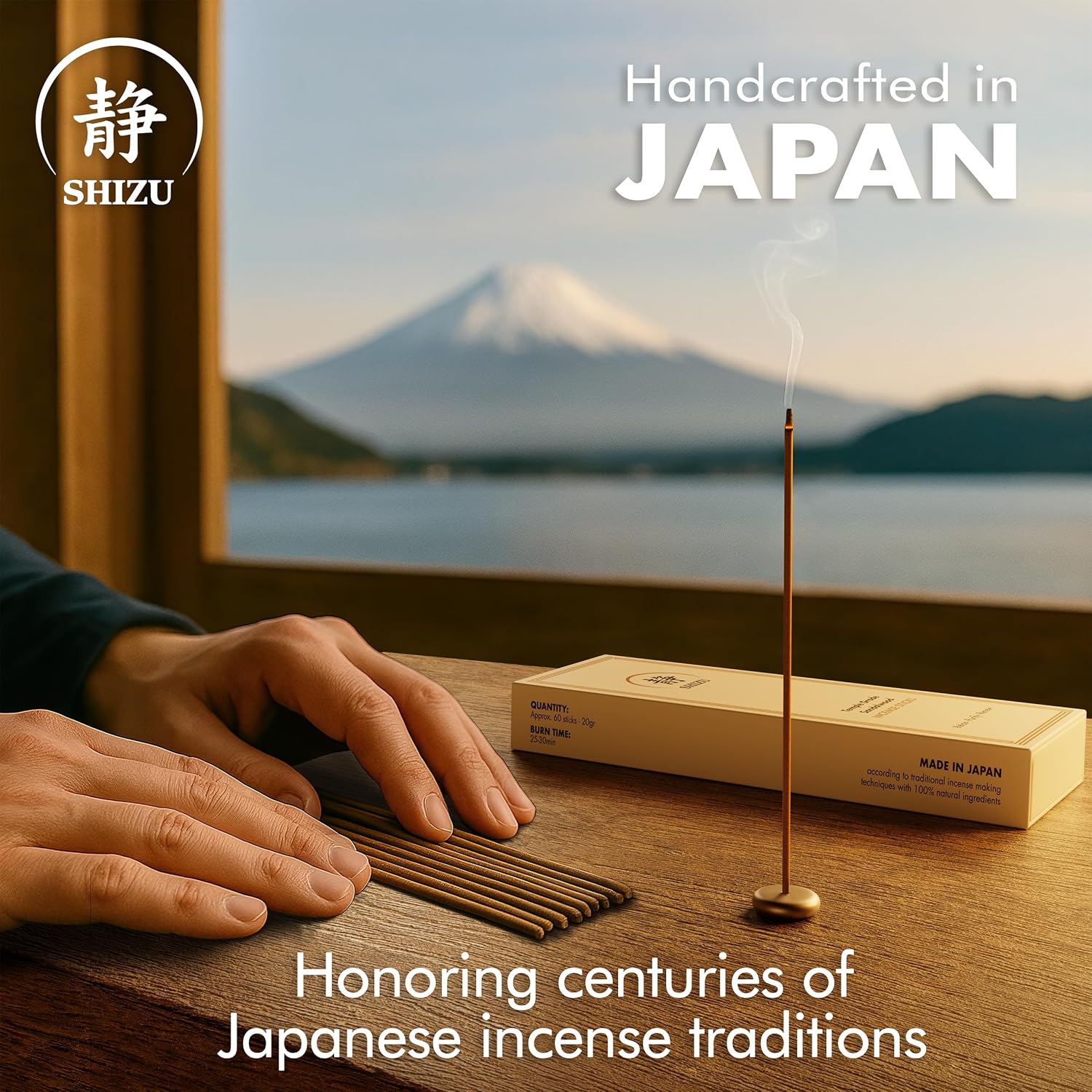 Shizu Sandalwood Incense Sticks – Artisanal Temple Grade Japanese Incense with Brass Holder – Subtle, Calming Scent for Relaxation, Meditation & Home Spa, Elegant Gift Set (60 Sticks)