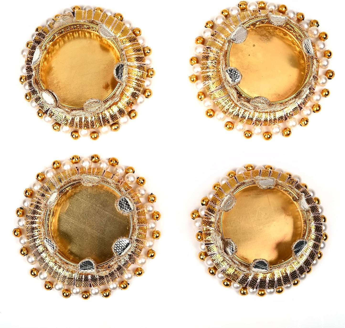 Set of 4 Jute Ring with Moti Beads T Light Candle Stand Tealight Holder Lights Festival Indian Traditional New year Decorations Lighting Accessories Wedding Home Decor(Without Wax)(Size:-4")(Golden)