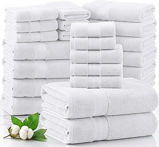 LANE LINEN 100% Cotton Bathroom Towel Set of 24 piece - 4 Bath, 4 Fingertip, 6 Hand, 8 Washcloths, 2 Bath Sheets - Soft, Durable & Absorbent - Hotel & Spa-Quality Design - White Towels