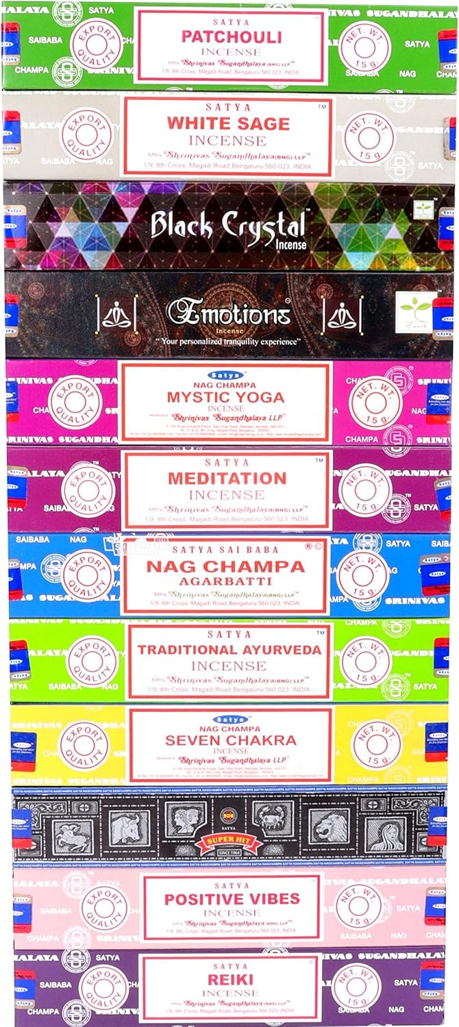 Satya Incense Sticks Patchouli White Sage Black Crystal Emotions Mystic Yoga Nag Champa Traditional Ayurveda Seven Chakra Superhit Positive Vibes Reiki (Series 2)