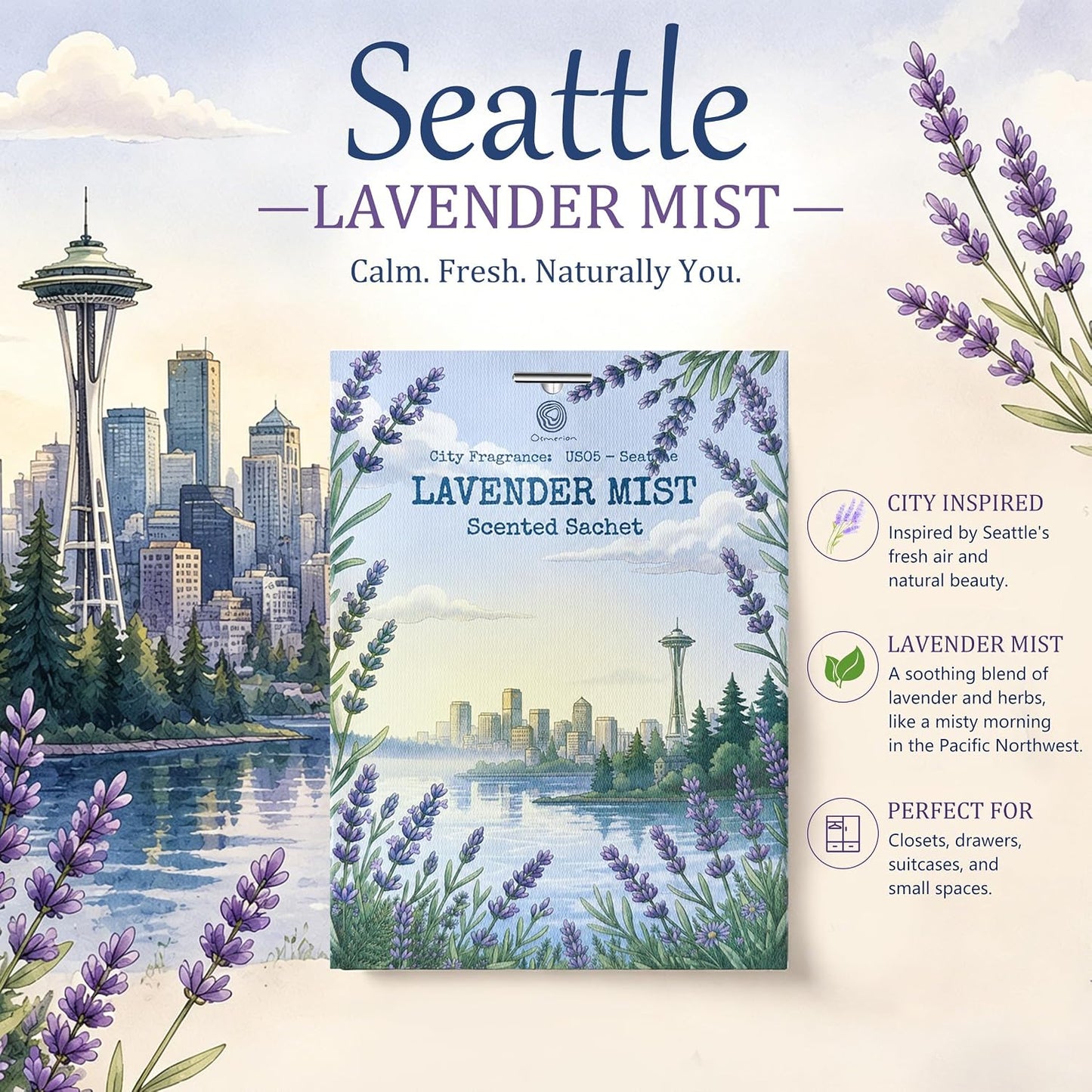 US05-Seattle Lavender Mist Sachets for Drawers, Closets & Cars, 12 Pack | Car Air Freshener sachets with Seattle Lavender Mist scent. Freshens closets, drawers, cars and small spaces.