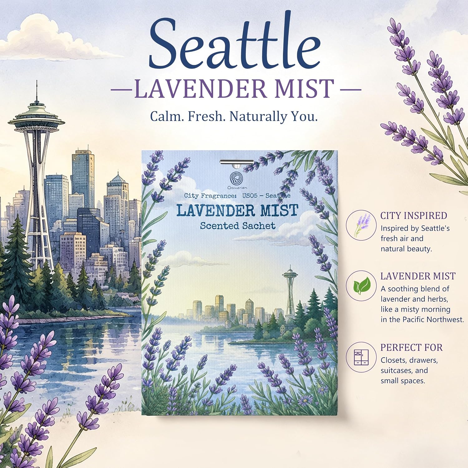 US05-Seattle Lavender Mist Sachets for Drawers, Closets & Cars, 12 Pack | Car Air Freshener sachets with Seattle Lavender Mist scent. Freshens closets, drawers, cars and small spaces.