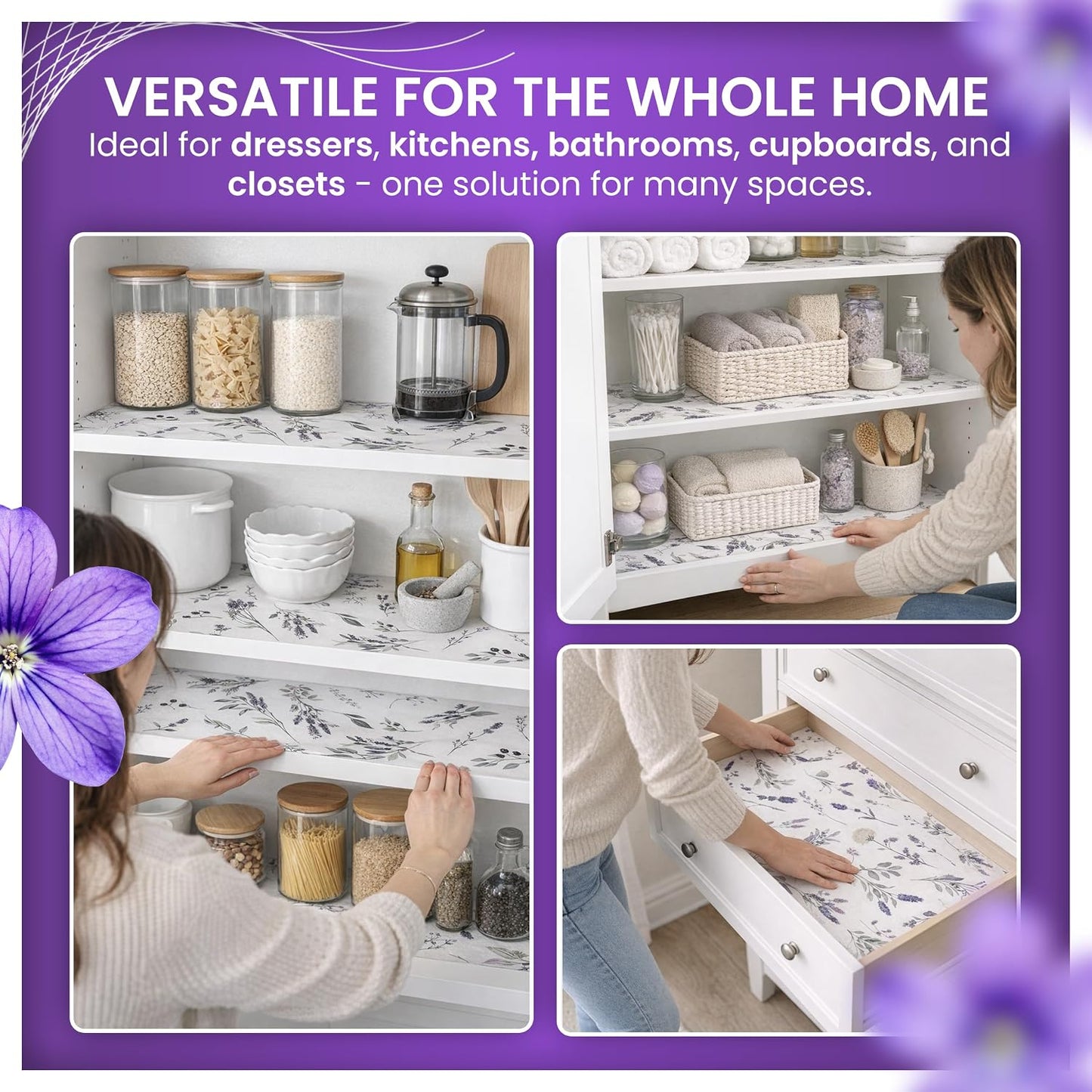 8X Lavender Scented Drawer Liners for Dresser - Scented Drawer Liner is Ideal for Cabinet, Dresser, Shelf, Cupboards - Double-Sided Pattern Non Adhesive Contact Paper for Shelves is Ideal Winter Gift