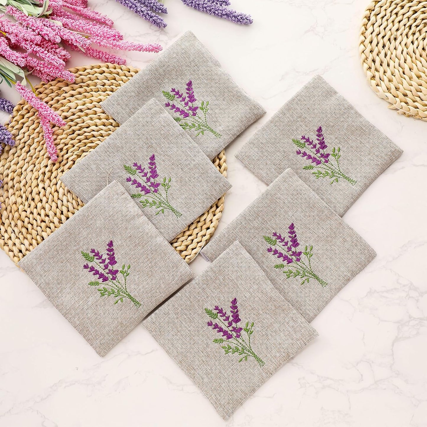 SATINIOR 10 Pack 6x6 Inch Embroidered Lavender Sachet Bags Sachet Empty Bags with Hook and Loop Fasteners Cotton Linen Mini Fabric Pouch for DIY Craft Filling Spice Jewelry Wedding Gift