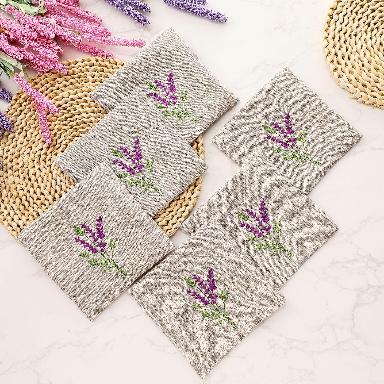 SATINIOR 10 Pack 6x6 Inch Embroidered Lavender Sachet Bags Sachet Empty Bags with Hook and Loop Fasteners Cotton Linen Mini Fabric Pouch for DIY Craft Filling Spice Jewelry Wedding Gift