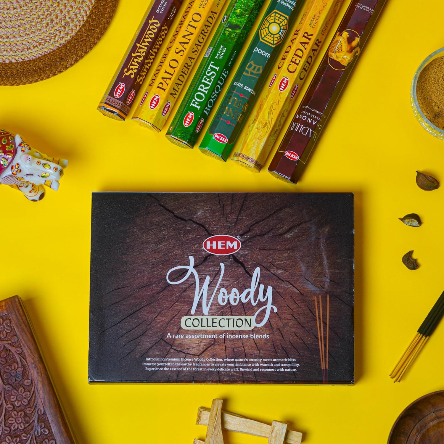 HEM Woody Series Premium Incense Sticks Combo | Sandalwood, Palo Santo, Forest, Feng Shui, Cedar & Madhur Chandan | 120 Sticks, 30-Minute Burn Time | Natural Aroma for Relaxation, Stress Relief