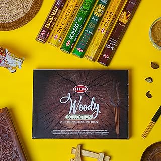 HEM Woody Series Premium Incense Sticks Combo | Sandalwood, Palo Santo, Forest, Feng Shui, Cedar & Madhur Chandan | 120 Sticks, 30-Minute Burn Time | Natural Aroma for Relaxation, Stress Relief