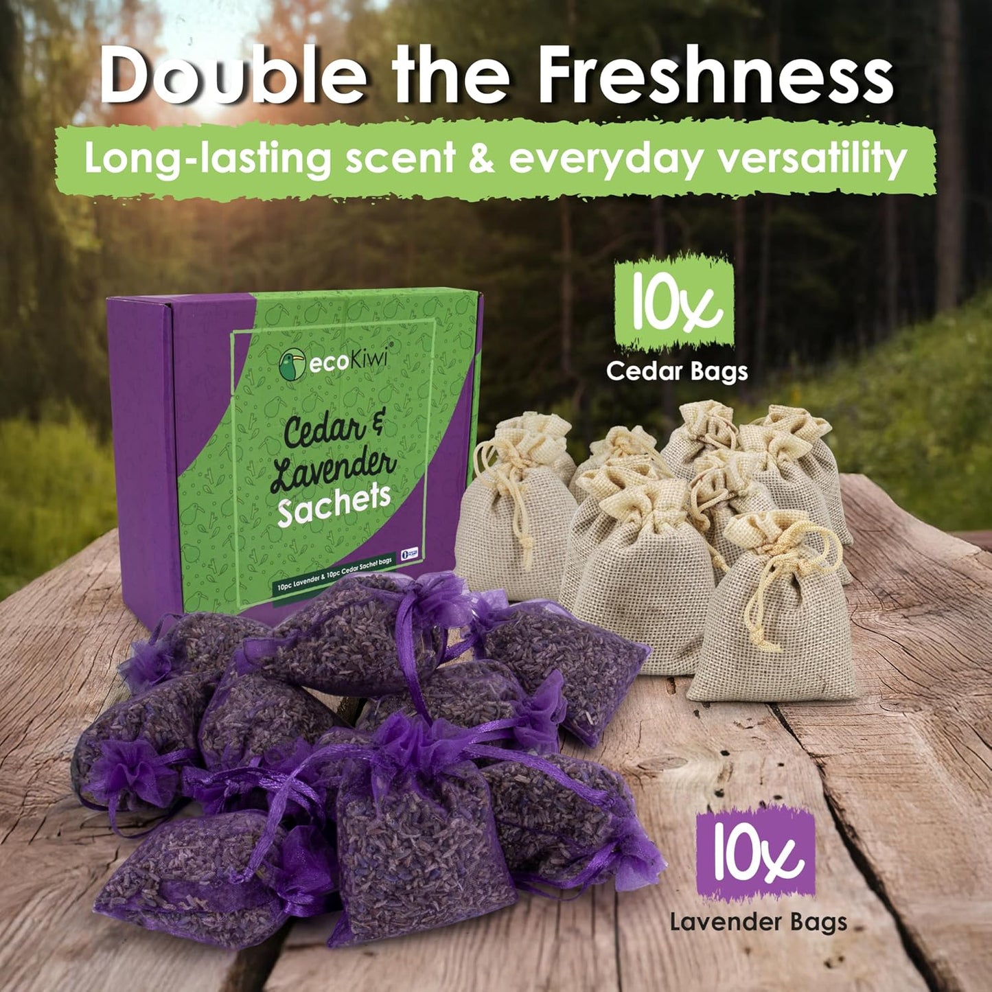 EcoKiwi Cedar & Lavender Sachets – 20 Sachets for Home Fragrence and Fresh Scents, Cedar & Lavender Sachet for Drawers and Closest, Dual-Purpose Sachet to Stop Clothes Damage and Closest Freshness