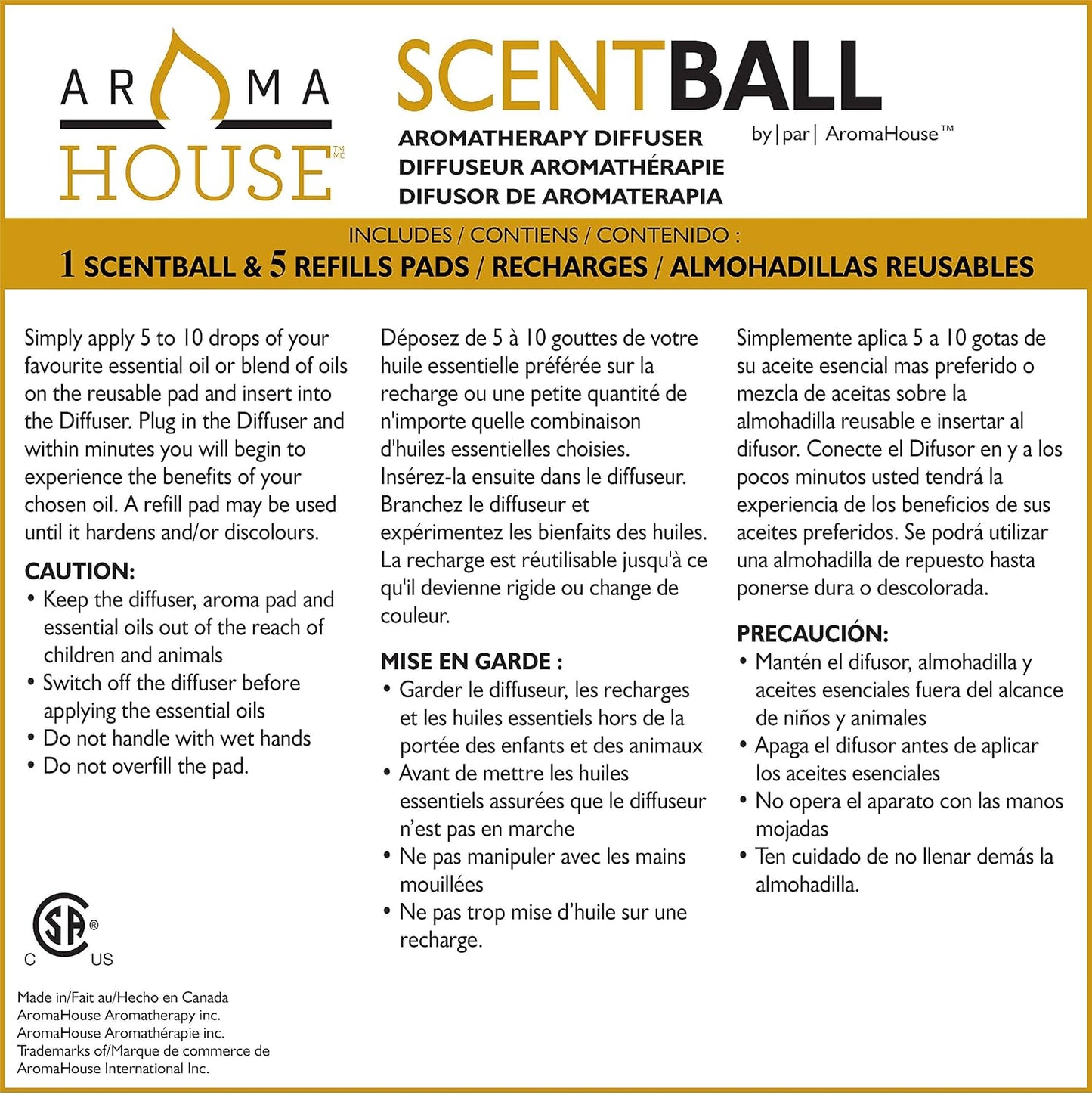 AromaHouse Scentball Plug-in Waterless & Cordless Aromatherapy Diffuser (White) with 5 Refill Pads, 1 Count