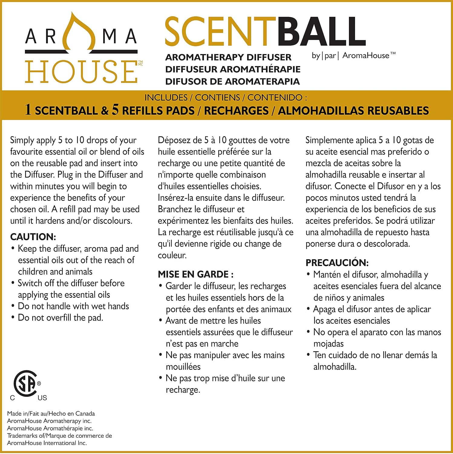 AromaHouse Scentball Plug-in Waterless & Cordless Aromatherapy Diffuser (White) with 5 Refill Pads, 1 Count