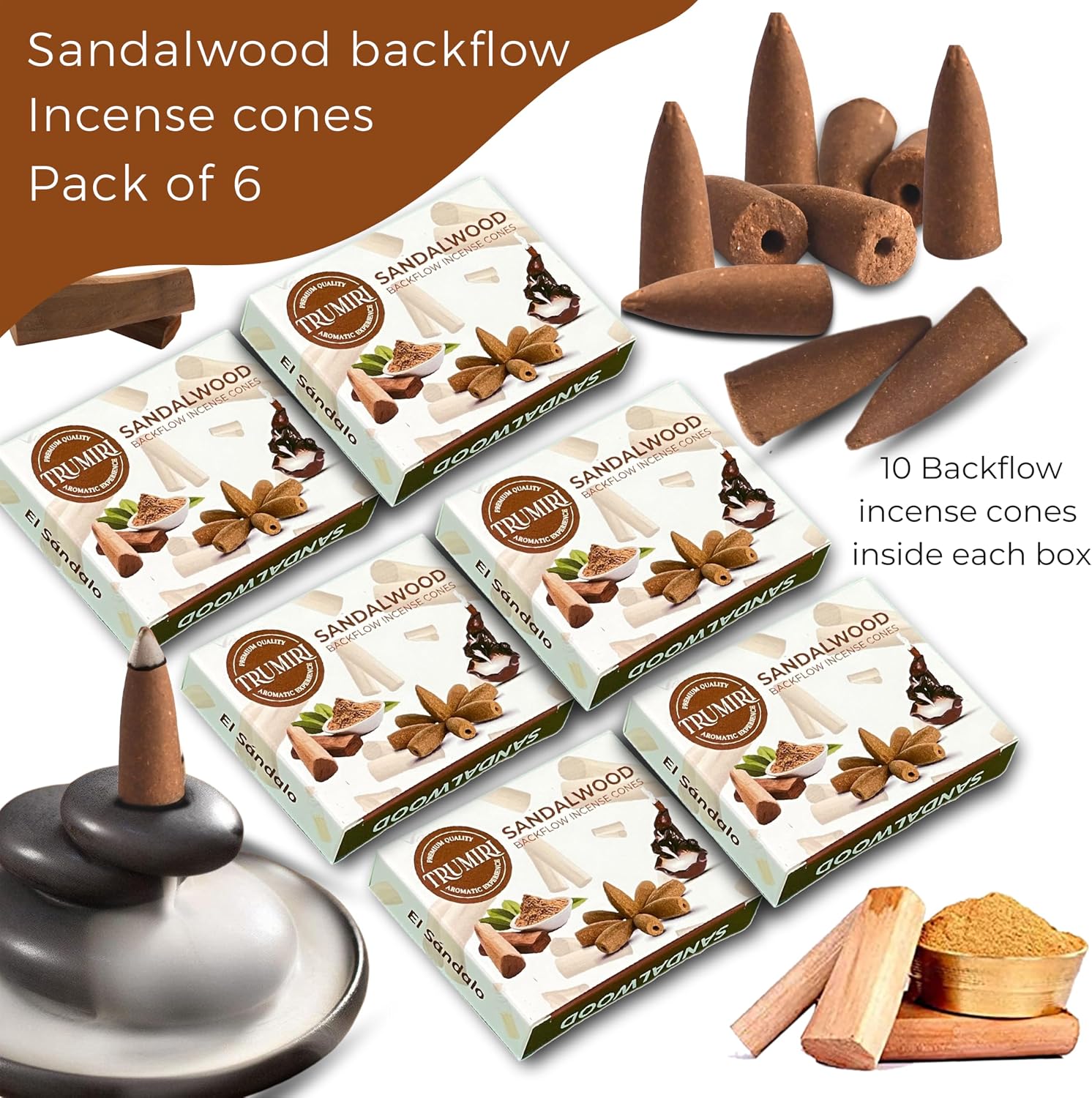 Sandalwood Backflow Incense - 60 Cones, Six Packs of 10, Waterfall Effect
