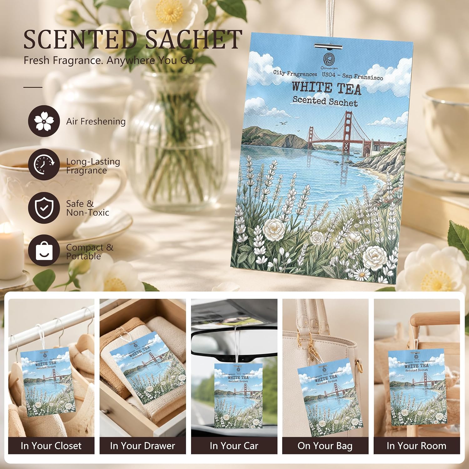 US04-San Francisco White Tea Sachets for Drawers, Closets & Cars, 12 Pack | Car Air Freshener sachets with San Francisco White Tea scent. Freshens closets, drawers, cars and small spaces.