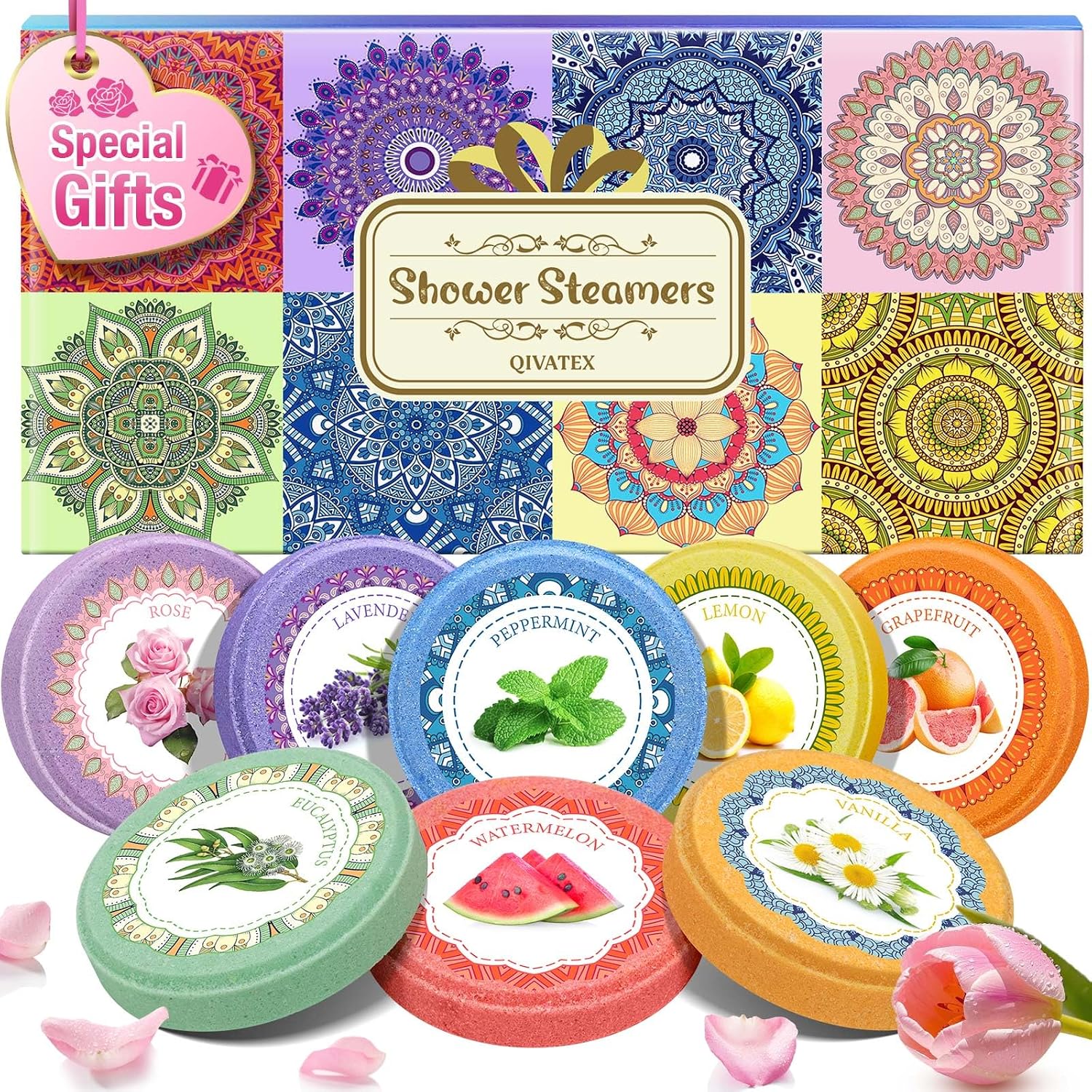 Qivatex Shower Steamers Aromatherapy, SPA Relaxation Shower Bombs for Women | Great Birthday Gifts for Women, Mom, Wife, Sister and Teen girls. Ideal Present for Christmas and Daily Relaxation
